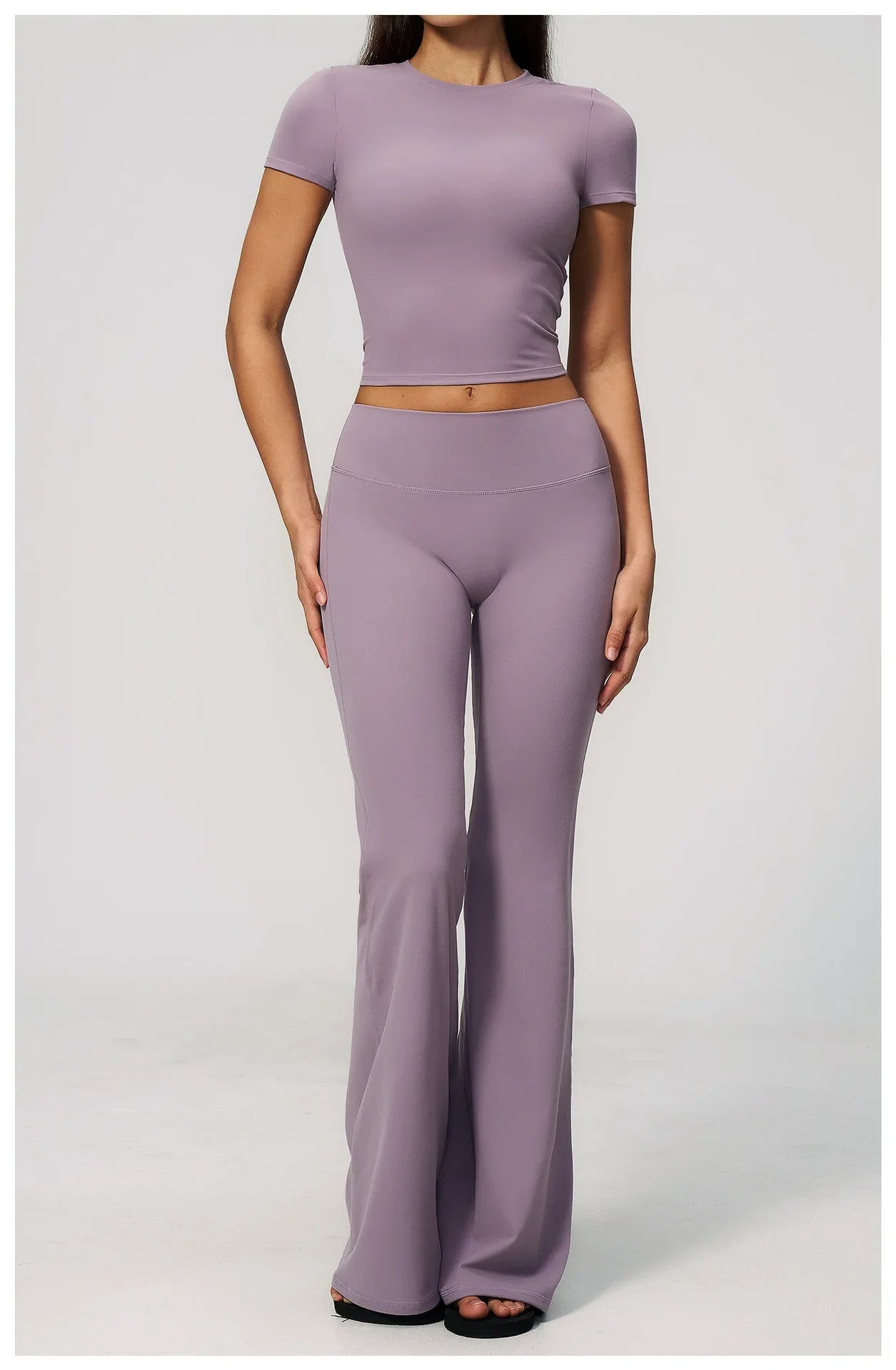 Creamy 2 Pieces Workout Suit Women Yoga Outfits Short Sleeve O Neck Slim Sports T Shirts High Waist Flare Pants Gym Fitness Sets