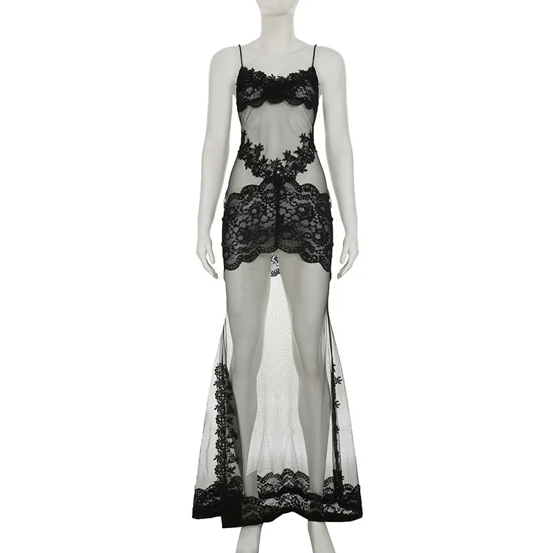 FDYOUI Sexy Lace Patchwork Mesh Long Dress Women Spaghetti Strap See-through Evening Party Dresses White Black Night Club Outfit