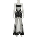 FDYOUI Sexy Lace Patchwork Mesh Long Dress Women Spaghetti Strap See-through Evening Party Dresses White Black Night Club Outfit