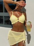 DEKA Mesh Skirt 3 Piece Bikini Set  Solid Ring 2026 Women Yellow Push Up Triangle Swimsuit Summer Bathing Suit Holiday Linked Cr