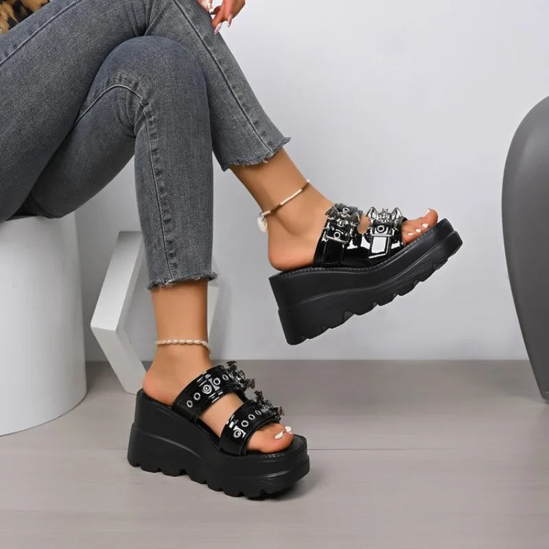 Women Sandals Metal Buckle Platform Sandals Women  Summer Woman Plus Size High Heeled