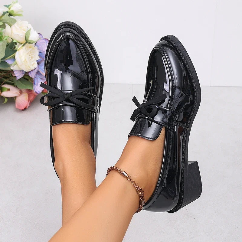 Patent Leather Bowknot Oxford Shoes Women Plus Size 43 Pointed Toe Thick Heel Pumps Woman Elelgant Slip On Pu Leather Shoes 2026