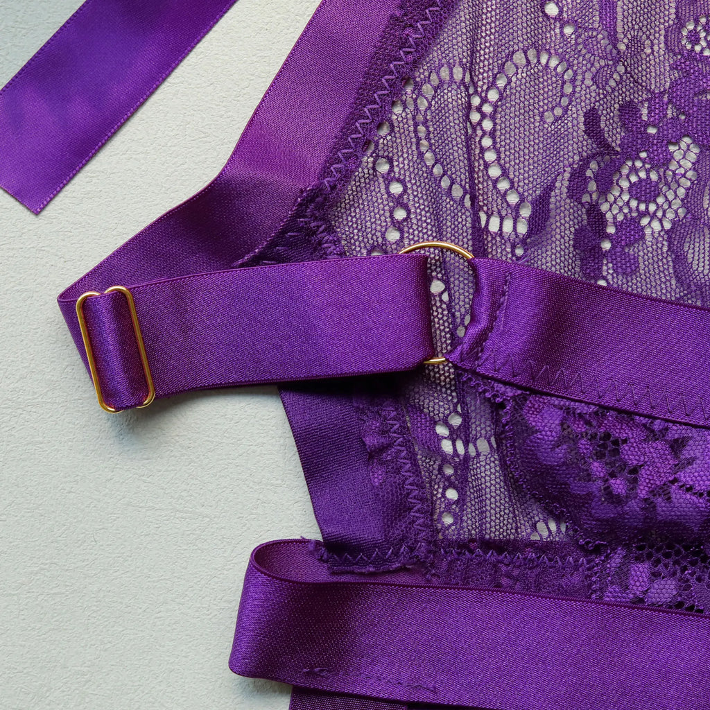 New Purple Sexy Lace Bodysuits Deep V Neck Halter Mesh Solid Color Bodysuits Charming  Pure Desire Transparent Flower Print OOB5