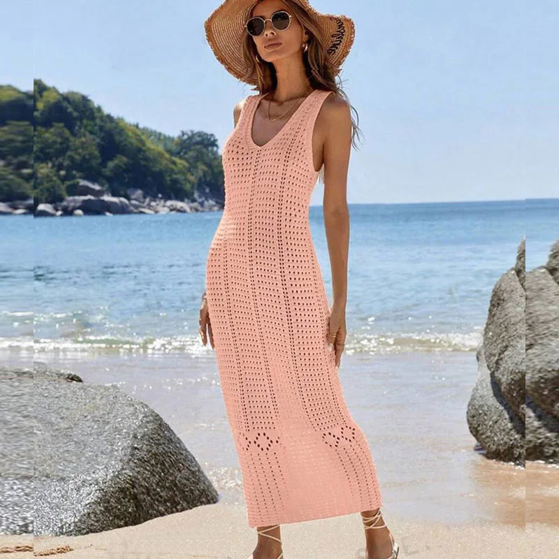 S - XL 2025 V Neck Hollow Out Crochet Knitted Tunic Beach Cover Up Long Cover-ups Beach Dress Beach Wear Beachwear Female Women
