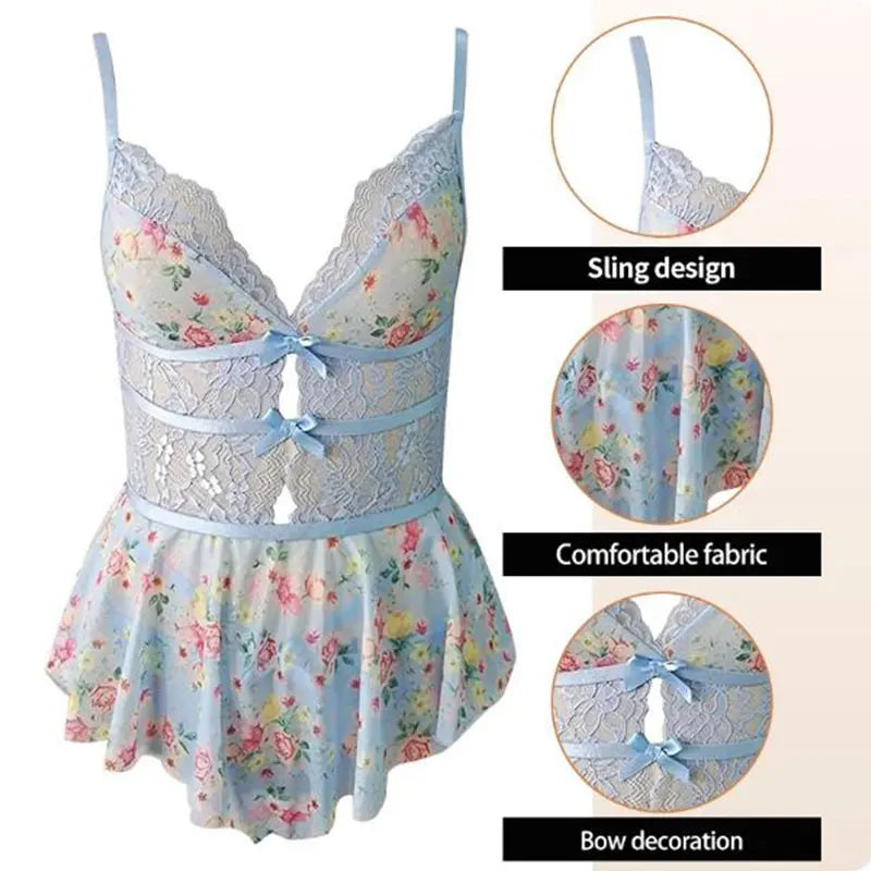 Sexy Crotchless Lingerie Women Lace Hollow Bodysuit Exotic Pajamas Teddy Babydoll Dress Deep V Open Bra Porno Underwear Set