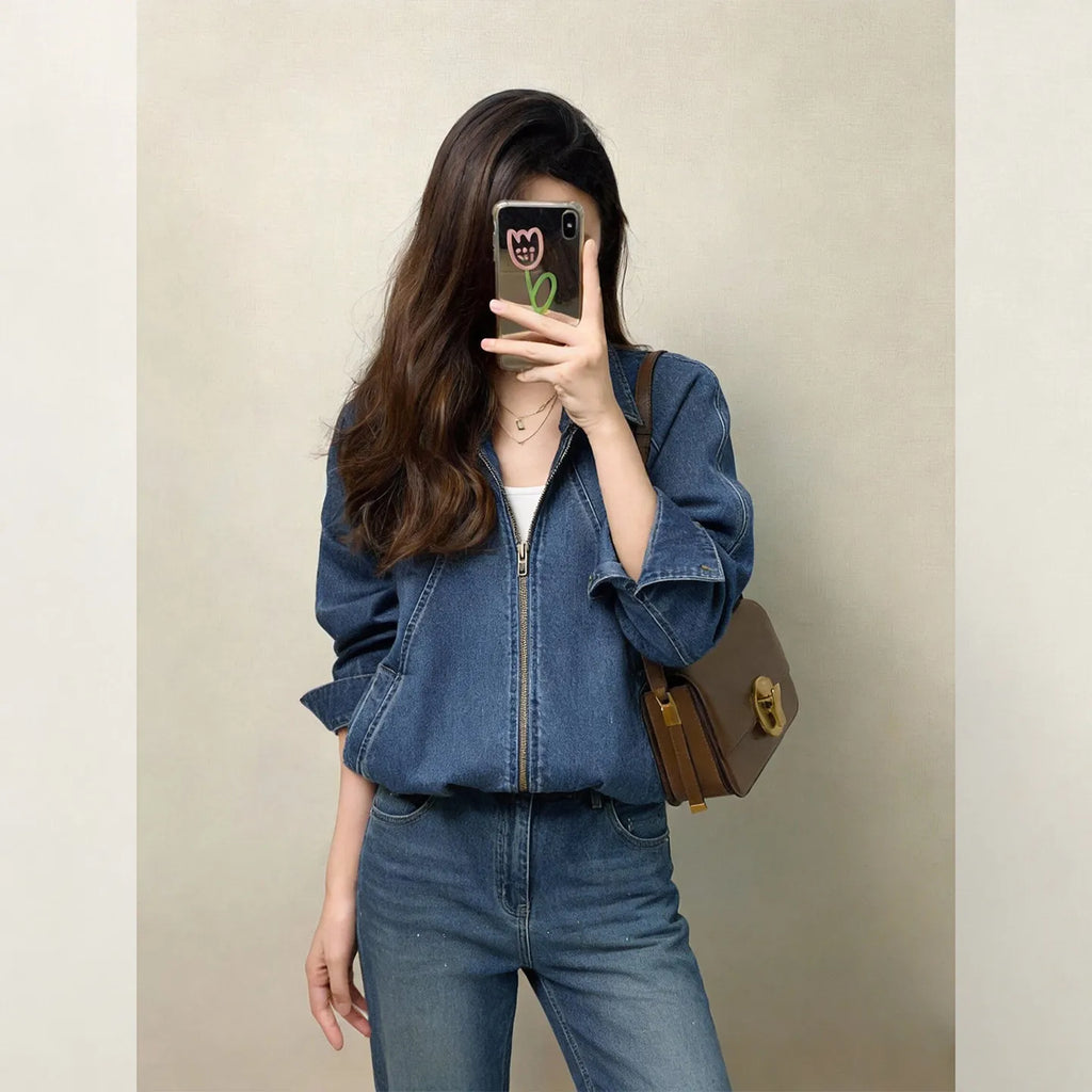 Spring denim shirt petite short denim lapel jacket