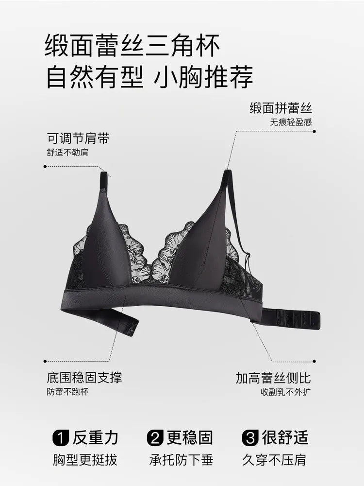 Modest French Lingerie Wirefree, Luxury Satin Bralette for Small Chest Summer Thin Cover Lace Bra Elegant Comfort MOYISU S-XL AB