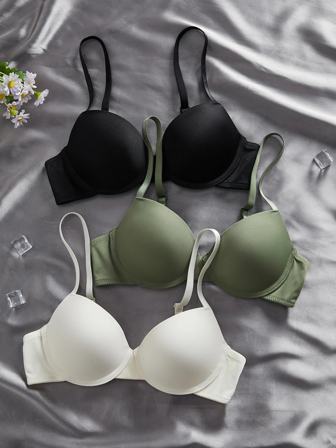 3PCS Basic Solid Women's Underwear Set Seamless Push Up Bra Comfortable Thin Strap Underwire Lingerie