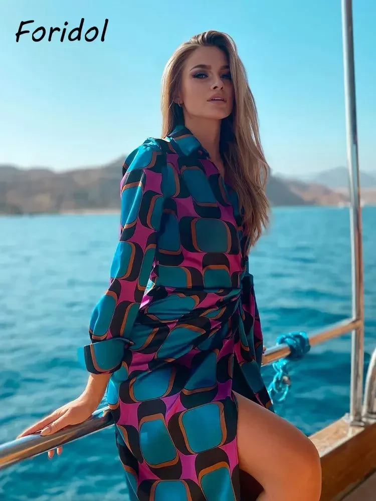 Foridol Side Split Women Fashion Geometric Print Blue New In Shirt Wrap Dress Women Long Sleeve Bowknot Maxi Long Vestido Robe