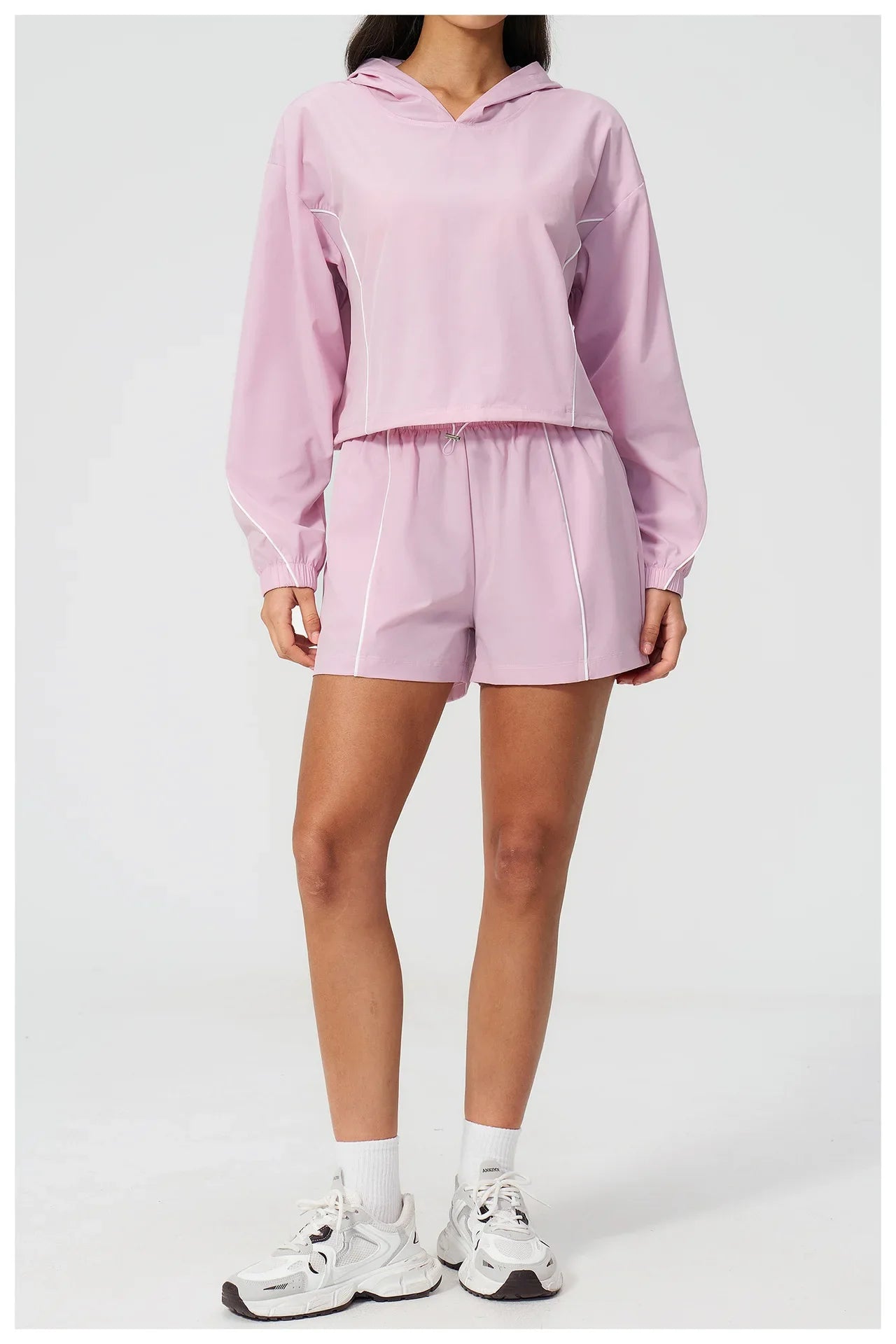 Summer Sun Protection Yoga Suit Women Contrasting Colors Long Sleeve Hoodies Top High Waist Shorts Running Fitness Athletic Wear