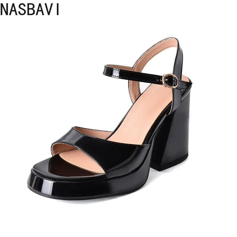 NASBAVI Women Patent Leather Sandals Super Chunky High Heeled Ankle Buckle Shoes Platform Summer Thick Heel Sandal Ladies 35-43