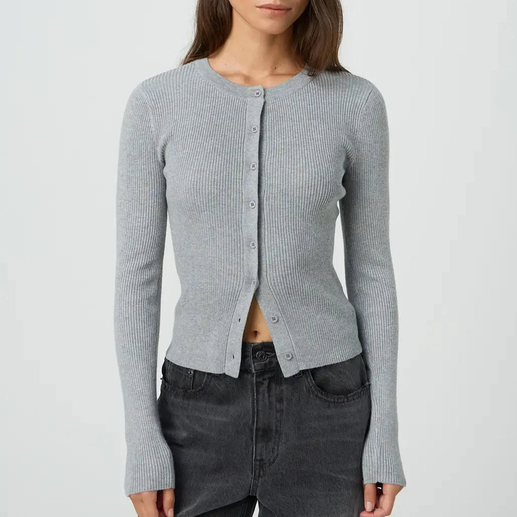 Autumn Winter Sweater Cardigan Women Solid Color Long Sleeve Round Neck Button Up Ribbed Knitwear Slim Coat
