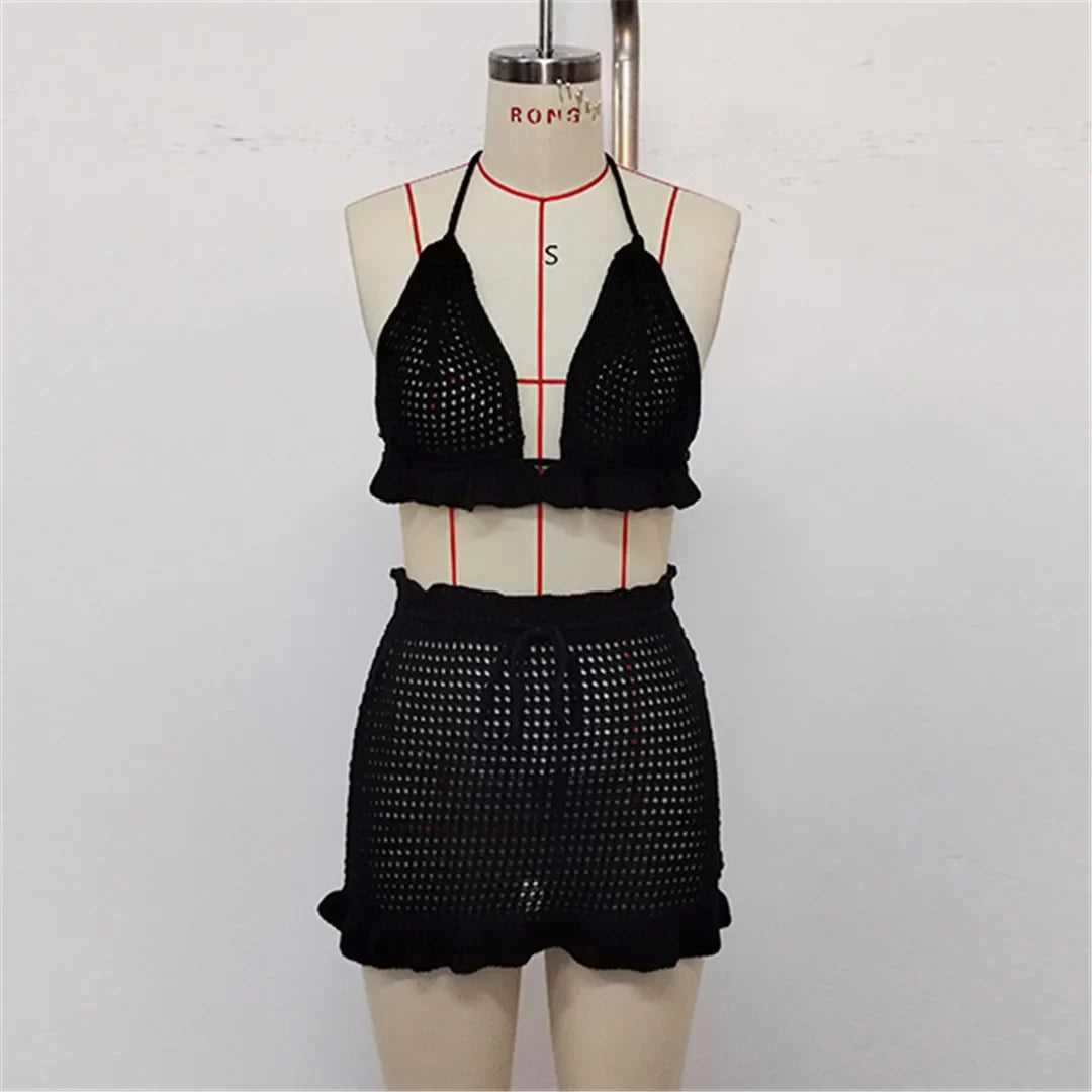 Sexy Halter Hollow Out Beach Skirt Bikini Female Swimsuit Women Swimwear Two-pieces Bikini set Bather Bathing Suit Swim K6782