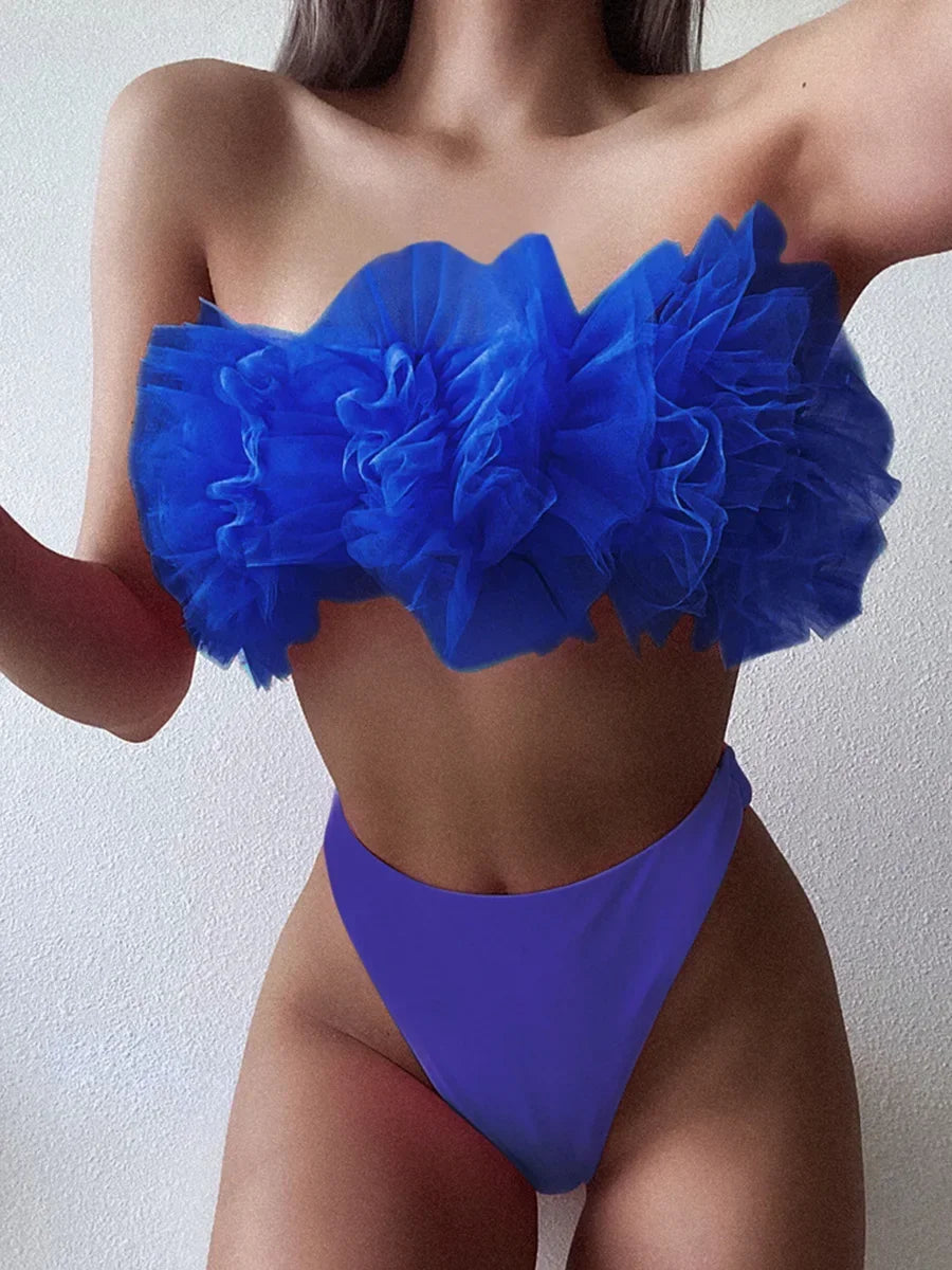 2025 New Sexy 3D Flower Mesh Ruffled Swimsuit High Waist bikini Women Bandeau Swimwear Female Two Pieces Bikini set Bathing Suit