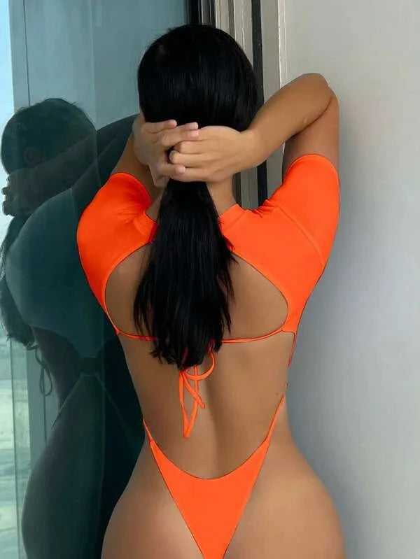 XS - L Mini Micro Thong Short Sleeve One Piece Swimsuit Women Female Swimwear Cut Cut Monokini High Cut Bathing Suit Swim Lady