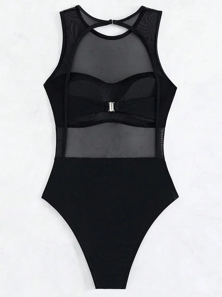 Sexy See Through Black Mesh Sheer Women Swimwear One Piece Swimsuit Female Monokini Backless Bathing Suit Swim Beach Wear Lady
