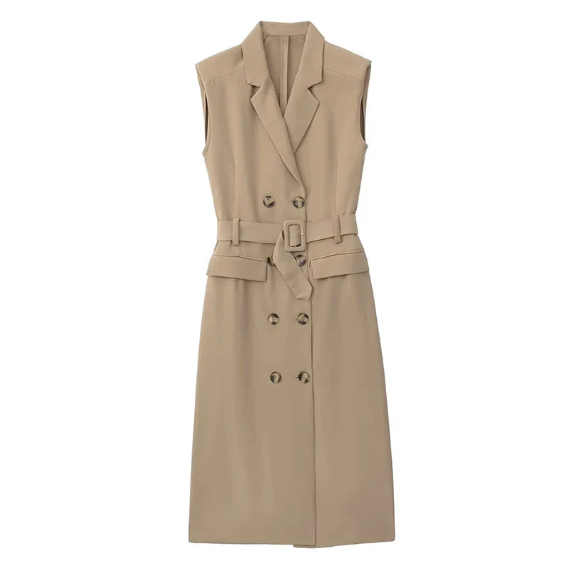 Foridol Khaki Double Breasted Sleeveless Office Windbreaker Style Dress Turn Down Collar Lady Elegenta Vintage Belt New Vestidos
