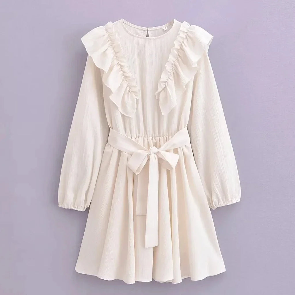 Foridol Ruffles Tierred Beige Lantern Sleeve Women's Dress Spring Summer O Neck Casual Short Vestidos A-line Beach Dress 2025