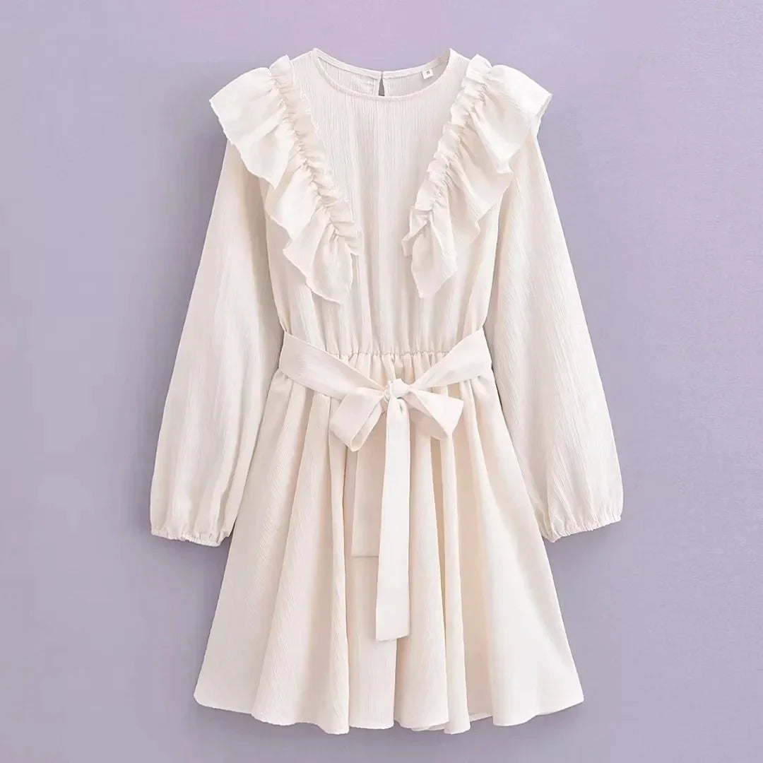 Foridol Ruffles Tierred Beige Lantern Sleeve Women's Dress Spring Summer O Neck Casual Short Vestidos A-line Beach Dress 2025