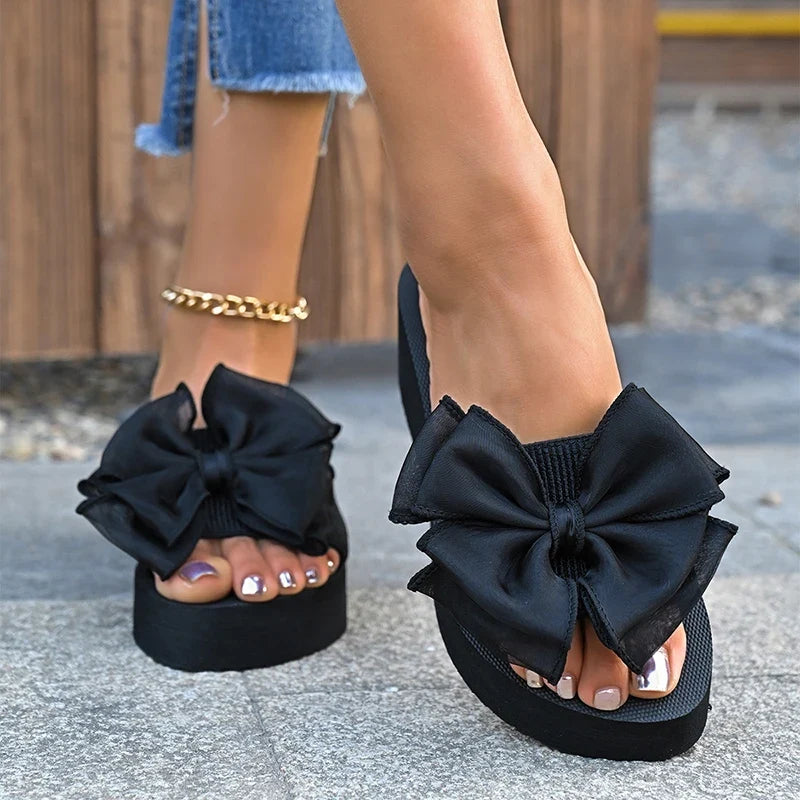 2026 Summer Big Bowknot Platform Slippers Women Plus Size 42 Open Toe Wedges Sandals Woman Lightweight Casual Beach Flip Flops