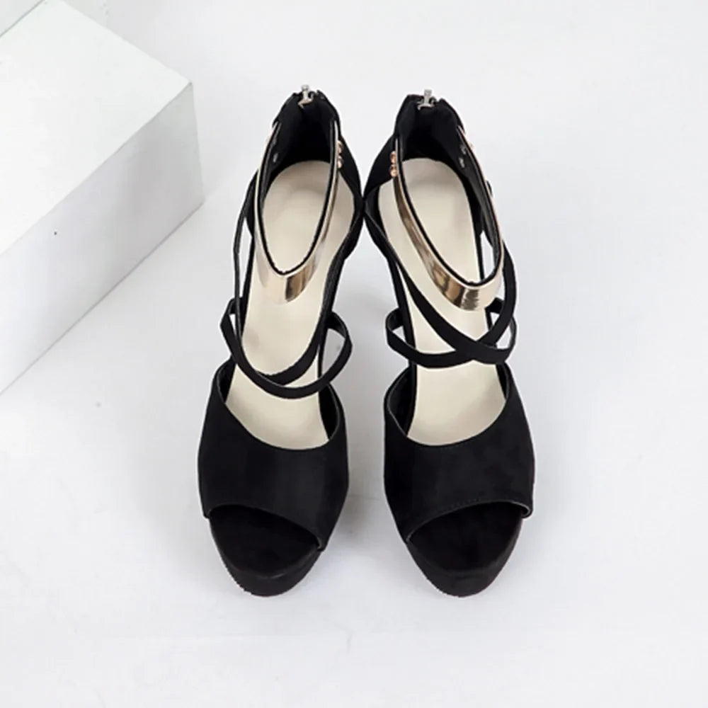Women's Sexy Peep Toe Platform 12cm High Heel Sandals with Gold Metal Classic Ankle Strap Crisscross Stiletto Heel Party Shoes