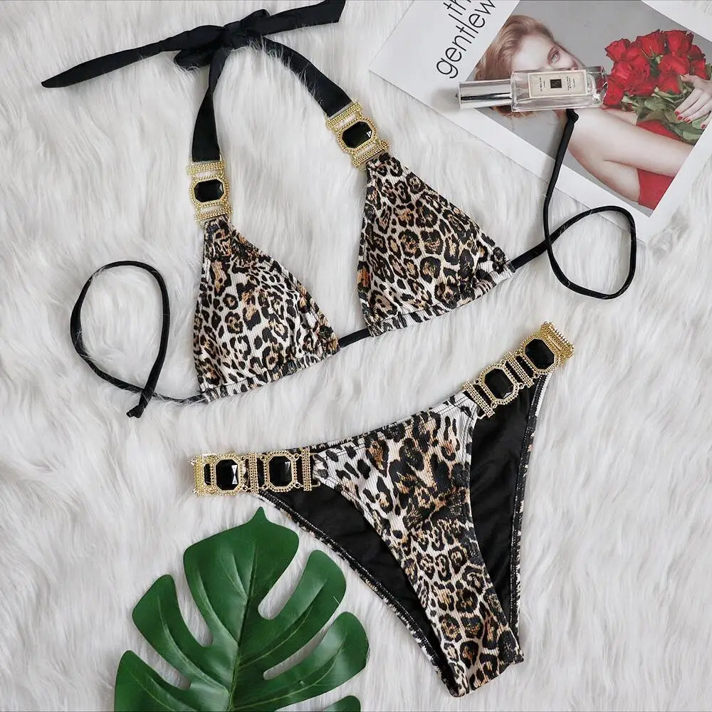 Bikini 2026 Sexy Leopard Diamond Chain Swimwear Swimsuit Women Halter Bikinis Set Bathing Suit Beach Bikini Luxe Female Push Up