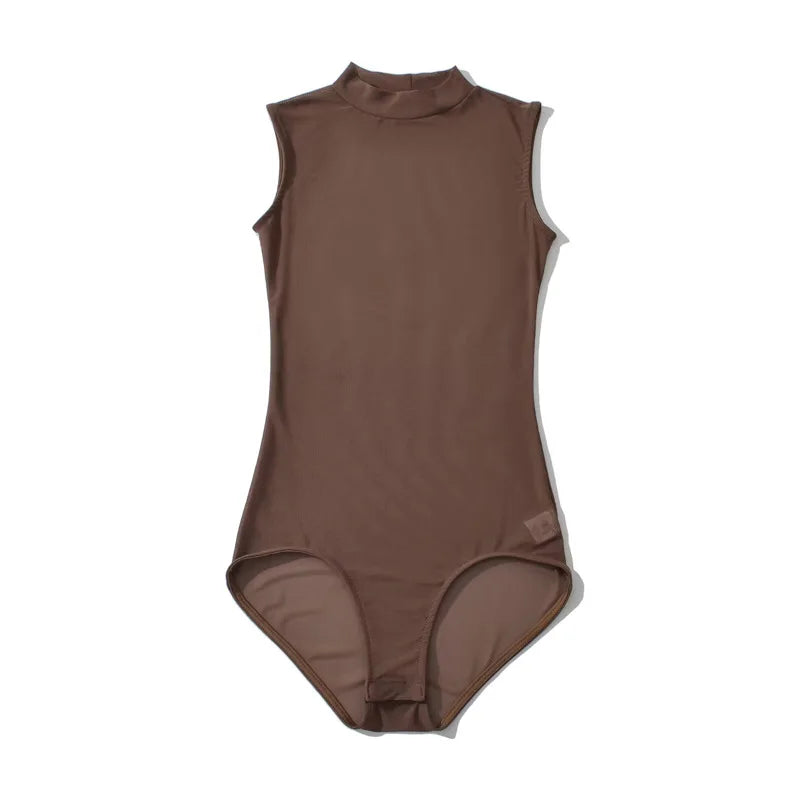 Solid Color Spring Stand-up Collar Sleeveless Tank Top For Women Light Mature Style Sexy Slim-fit See-through Mesh Bodysuit WHBH