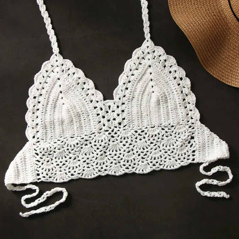 Sexy Crochet Crop Top Bikini Crop Top Women Crochet Boho Beach Camisoles Bikini Bralette Halter Cami Knitted Bra Backless