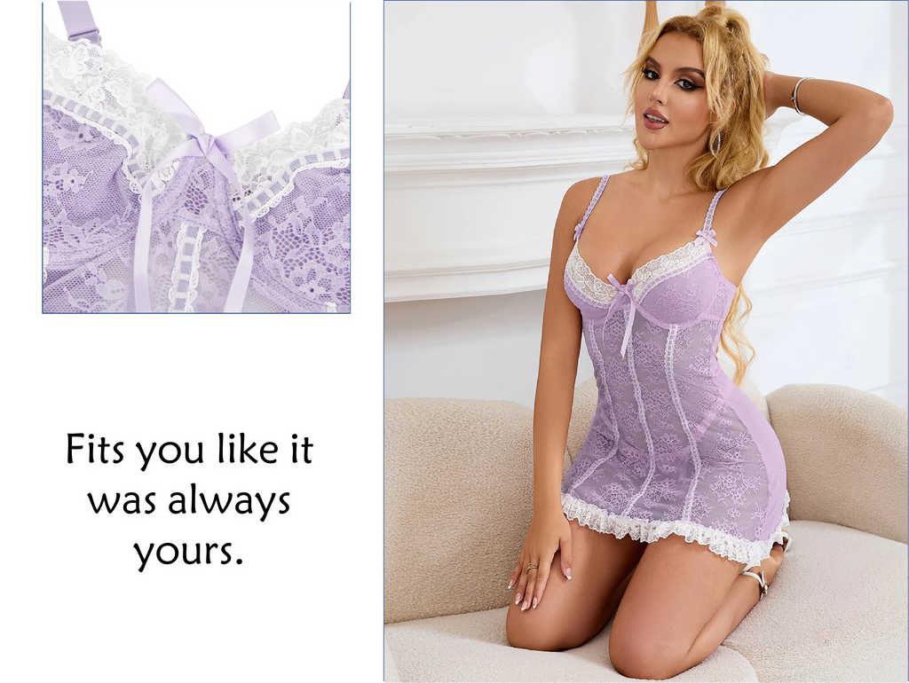 Pink Sexy Lace Ruffled Suspender Nightdress for Women Babydoll Lingerie Push Up Chemise Sleepwear