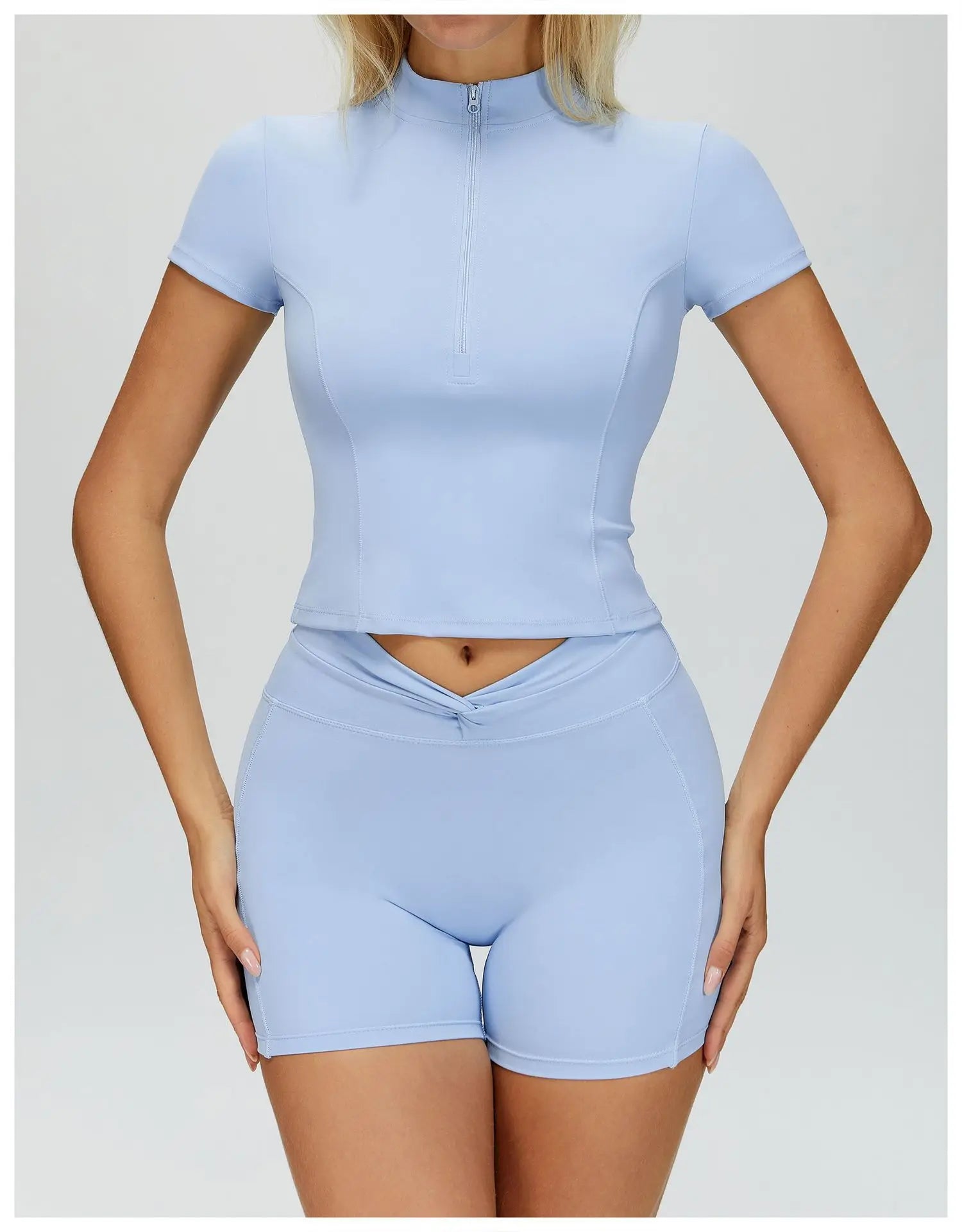Naked Yoga T Shirts Women Stand Up Collar Zipper Tight Sports Shirts Outdoor Solid Short Sleeved Gym Running Fitness Tank Tops