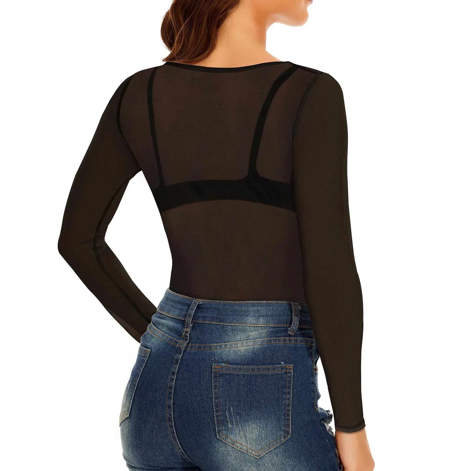 Sexy Women T Shirt See Through Transparent Mesh Tees Long Sleeve Sheer Slim Ladies Solid Round Neck Skinny T-Shirt Lace Crop Top