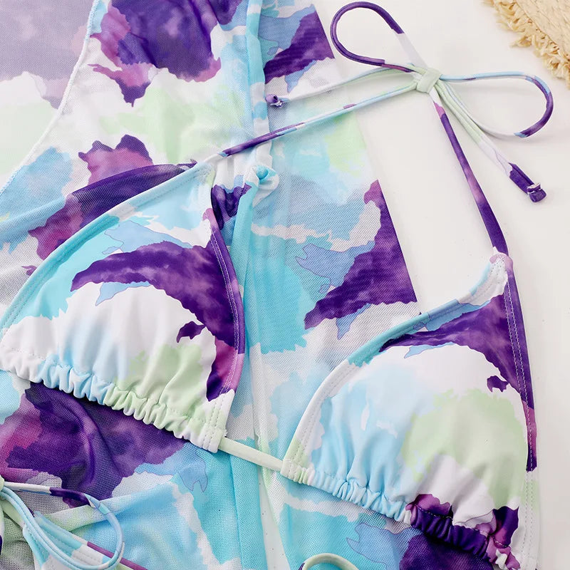 DEKA Sold Triangle Bikini Set Blouse Swimsuit Women Printed Halter Swimwear Cover Up Beach Wear 3 Pieces Sheer Bathing Suit