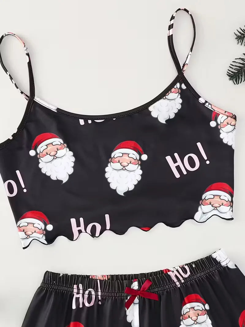 Women Sleepwear Christmas Santa Print Crew Neck Sleeveless with Spaghetti Strap Top and Shorts Pajama Set Loungewear