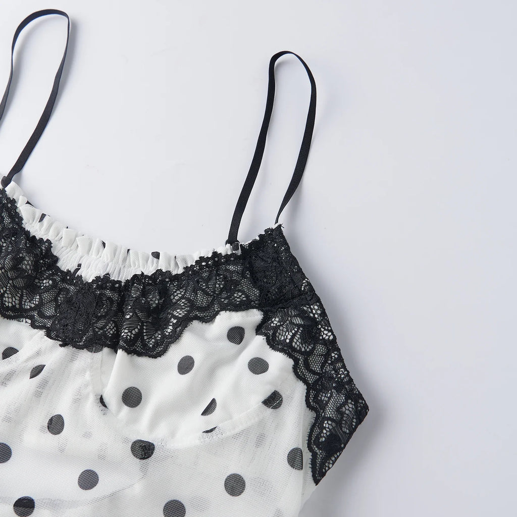 Women Fashion Dot Print Lace Patchwork Crop Tops Summer Slim Camisole Spaghetti Strap Mesh Tank Tops Streetwear