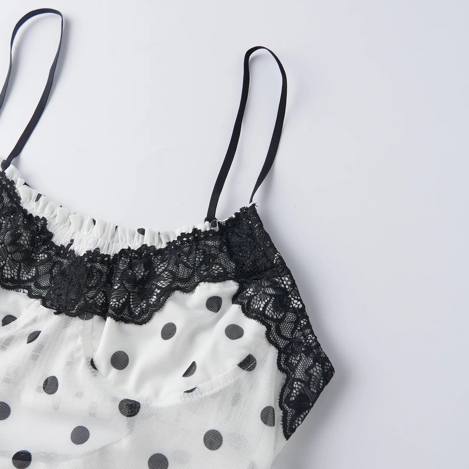 Women Fashion Dot Print Lace Patchwork Crop Tops Summer Slim Camisole Spaghetti Strap Mesh Tank Tops Streetwear