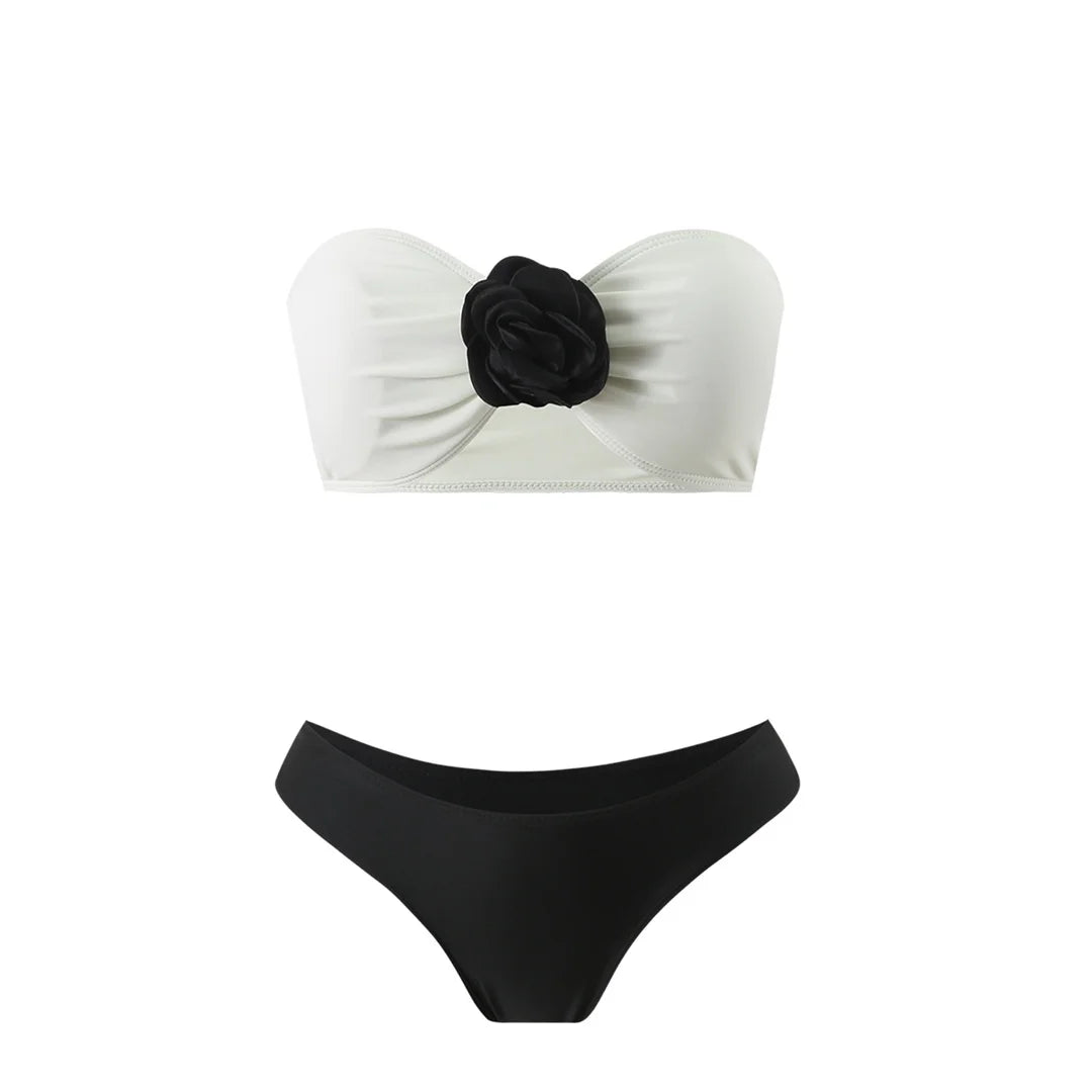 Sexy 3D Flowers Bandeau With Skirt Bikini Female Swimsuit Women Swimwear Three-Pieces Bikini Set Bather Bathing Suit Swim V5706
