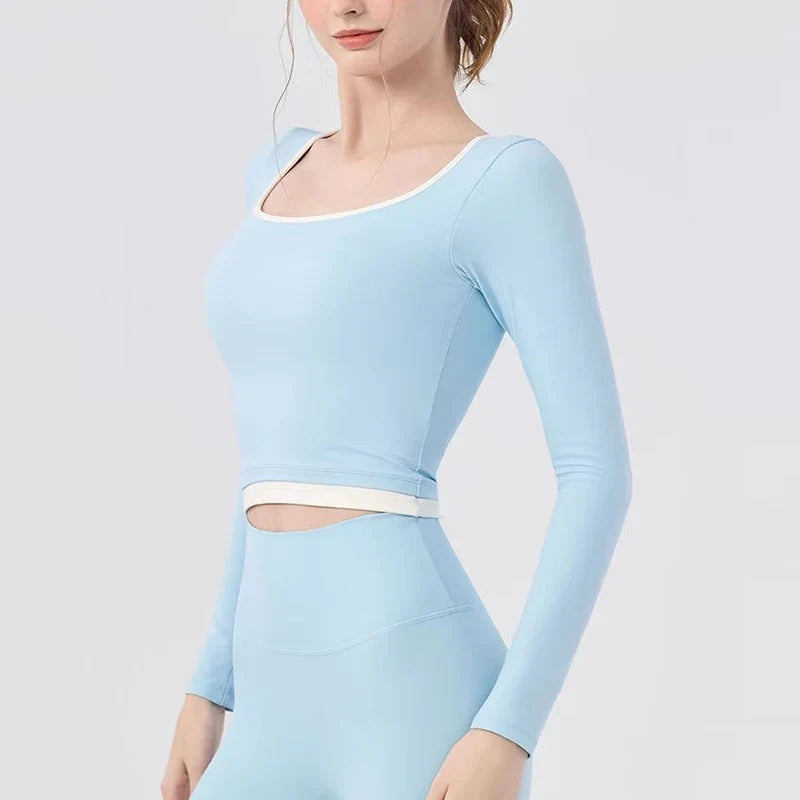 Autumn New Contrasting Yoga Suit for Women with Chest Pad Top Slim and Slim Pilates Running Sports Fitness Long Sleeves Shirts