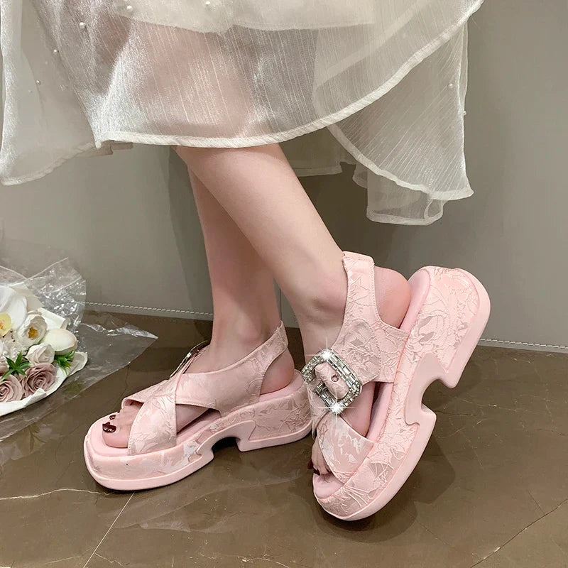 Fashion Crystal Buckle Platform Sandals Women Pink Embroidery Thick Heels Sandalias Mujer Comfortable Heightened Rome Sandals
