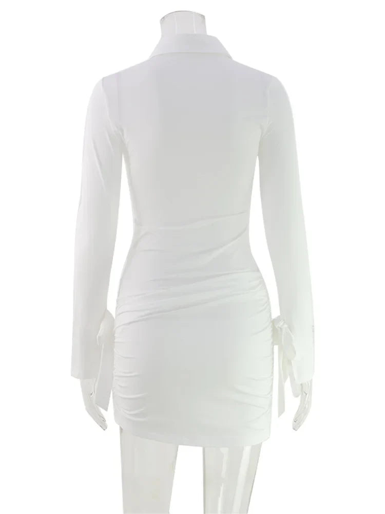 Ahagagg Fashion Dresses For Women Solid Turn Down Collar Single Breasted Regular Long Sleeves Sheath Slim Fit Female Elegant