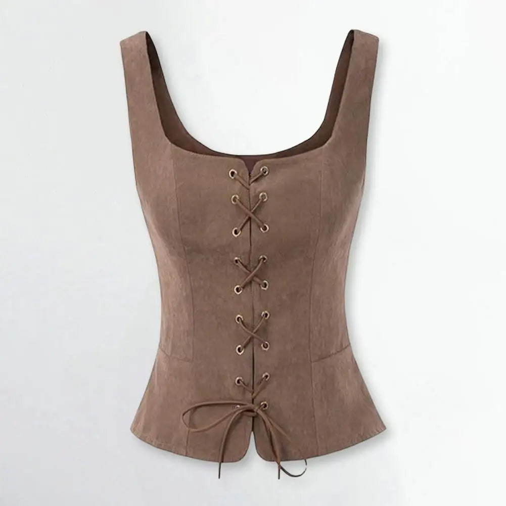Women Vest Lace-up Strap Renaissance Vinatge Square Neck Sleeveless Medieval Slim Fit Halloween Cosplay Performance Top