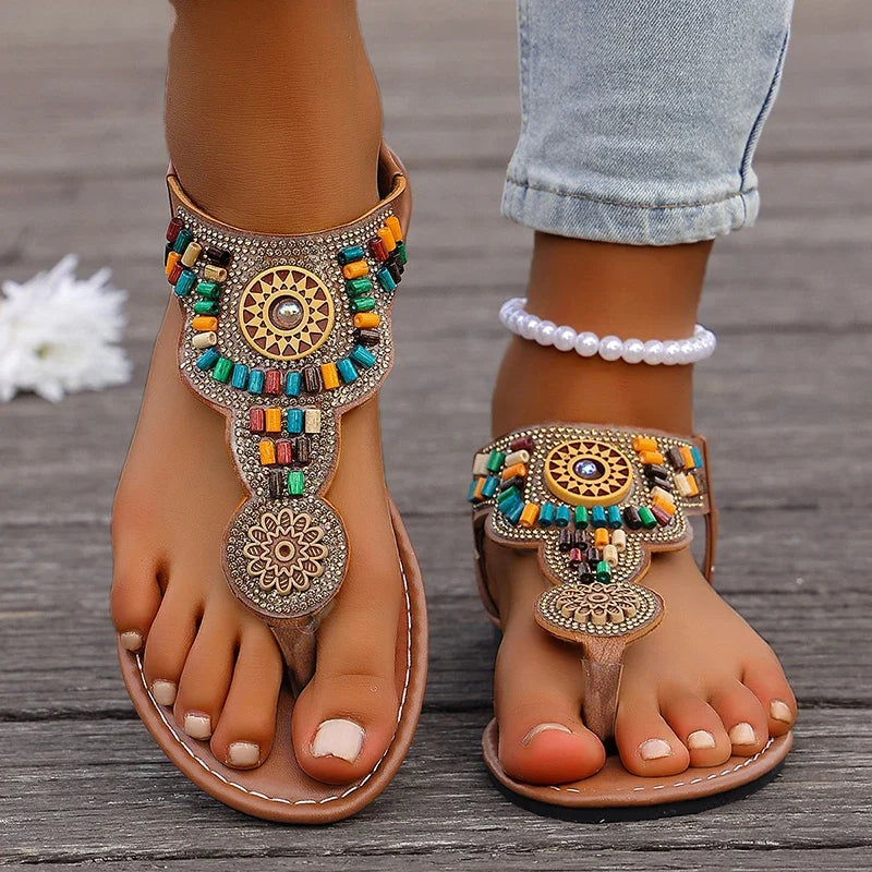 Bohemia Style Flat Heel Sandals for Women Fashion Bead Clip Toe Beach Sandles Woman Plus Size 43 Lightweight Gladiator Sandalias