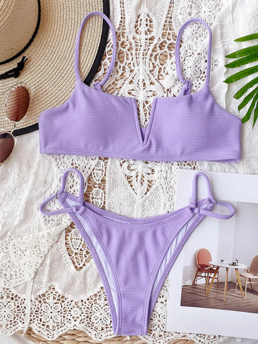 Ribbed Polka Dot Bikinis V-Bar Underwired Bikini Women Swimwear Female Swimsuit Two Pieces Bikini Set High Cut Bathing Suit Swim