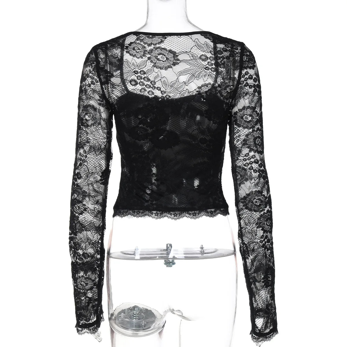 FDYOUI 2026 New Lace Patchwork Long Sleeve T-shirts for Women Square Collar See-through Slim Crop Tops White Black Tee Shirt