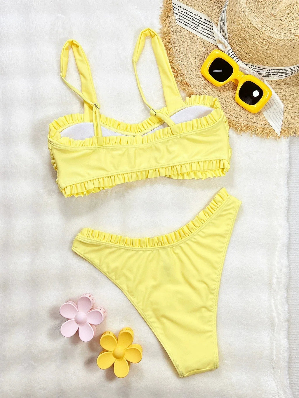 DEKA Ladies Yellow Bikini Set Bow Tie Sexy Swimsuit Tankini Fashion Ruffled Bikini Swimwear Women Swimming Suit Summer Beachwear