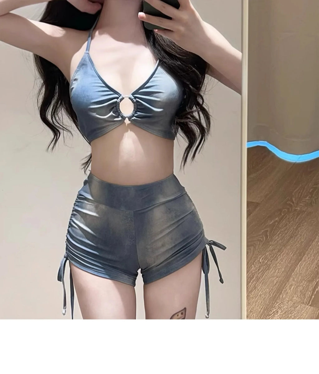 Swimsuit Women's Blue Tie Dye Split Bikini Cover, Sexy Women's Hot Spring Swimsuit Three Piece Set