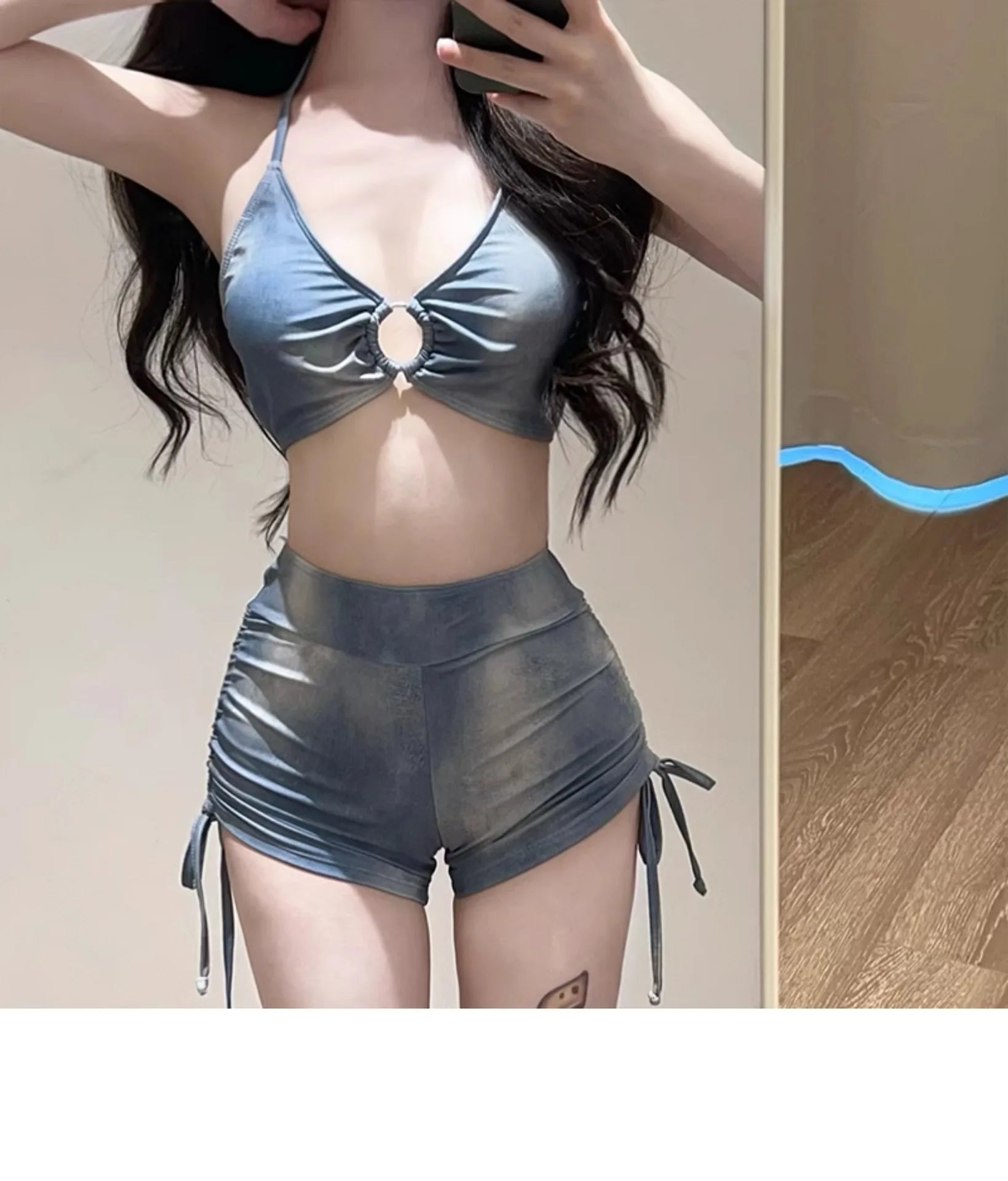 Swimsuit Women's Blue Tie Dye Split Bikini Cover, Sexy Women's Hot Spring Swimsuit Three Piece Set