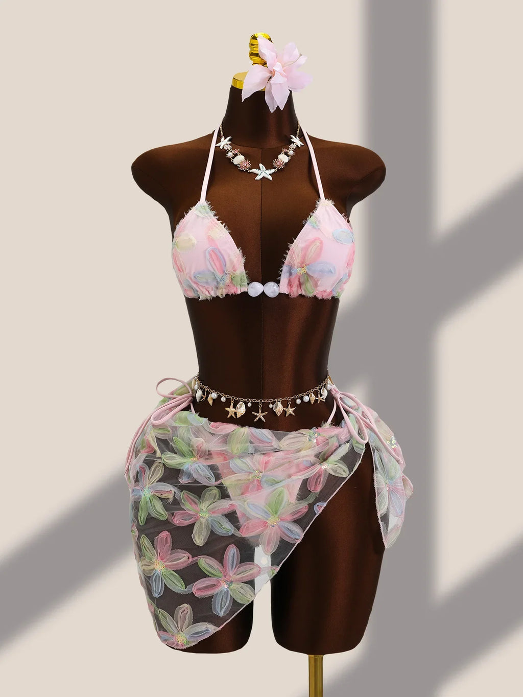 DEKA 3 Piece Brazil Triangle Bikini Set Vintage Pink Floral Embroidery Cover Up Women Halter Push Up Thong Swimsuit Bathing Suit