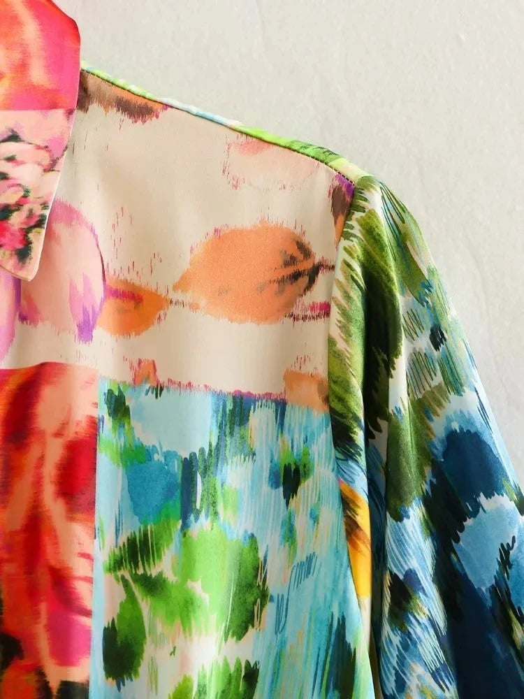 Foridol Floral Boho Tie Dyed Summer Long Sleeve Romper Playsuit Overall Beach Button Shirt Spring Wide Leg Romper Jumpsuit