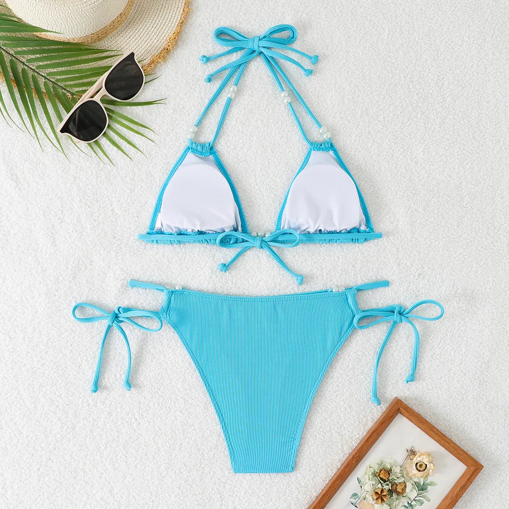 Sexy Orange Bikini 2025 Women Pearls Strap Push Up Drawstring Side Thong Swimsuit Luxury Lace Up Beach Bathing Suit Swimwear