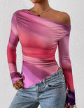 Women's Off-Shoulder Ruffled Sleeve Long-Sleeve Top with Asymmetrical Tie-Dye Mesh Asymmetrical Pleated Floral Print T-Shirt